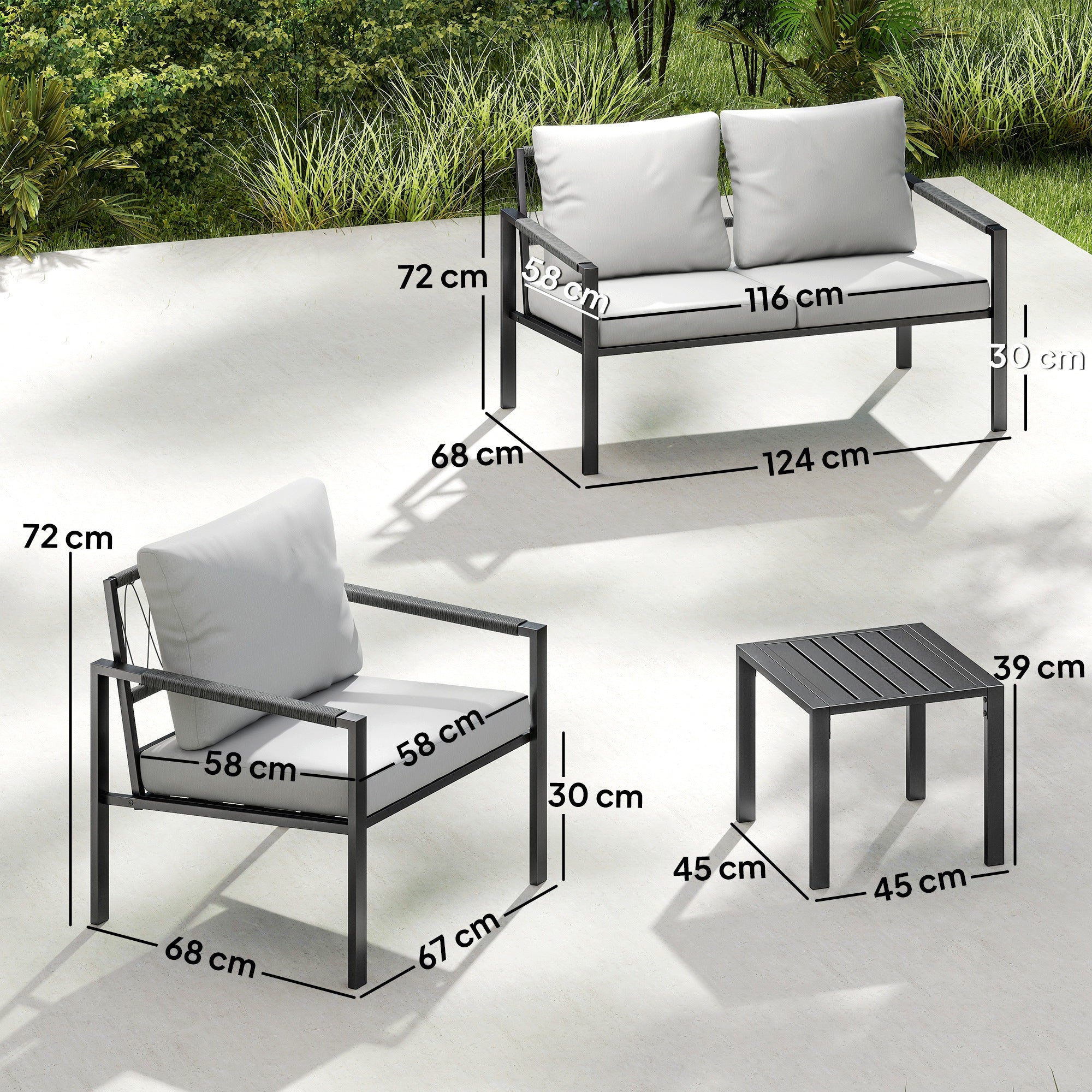 Outsunny 5 Piece Metal Garden Furniture Sofa Set with Thickened Cushions, Loveseat, 2 Armchairs, 2 Coffee Tables, Light Grey 