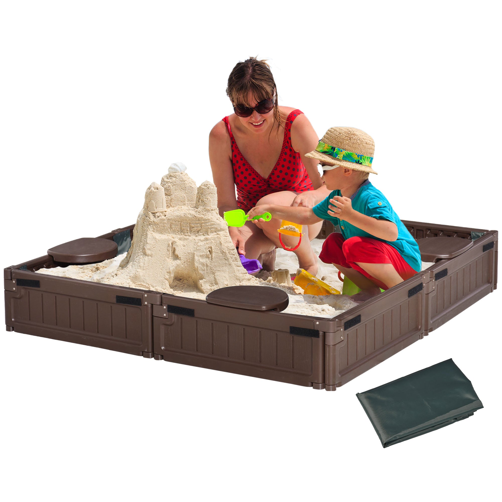 Outsunny Sand Pit Children's Plastic Sandpit w/ Water-Resistant Oxford Cover Bottom Fabric Liner kid Playset for 3-12 years old, Garden, Outdoor - (Brown) 