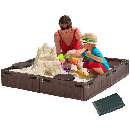 Outsunny Sand Pit Children's Plastic Sandpit w/ Water-Resistant Oxford Cover Bottom Fabric Liner kid Playset for 3-12 years old, Garden, Outdoor - (Brown) 