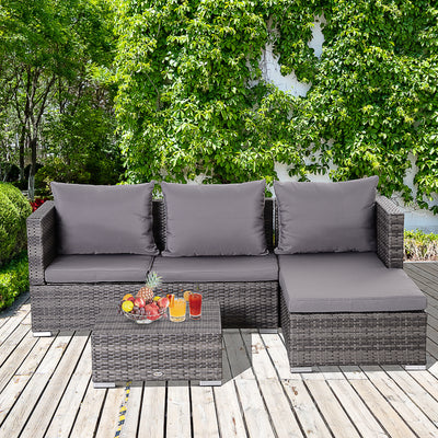 Outsunny 3PC Rattan Garden Furniture Storage Sofa Set 4 Seater Wicker Coffee Table Conservatory Sun Lounger Reclining Set Outdoor Weave with Cushion Grey 