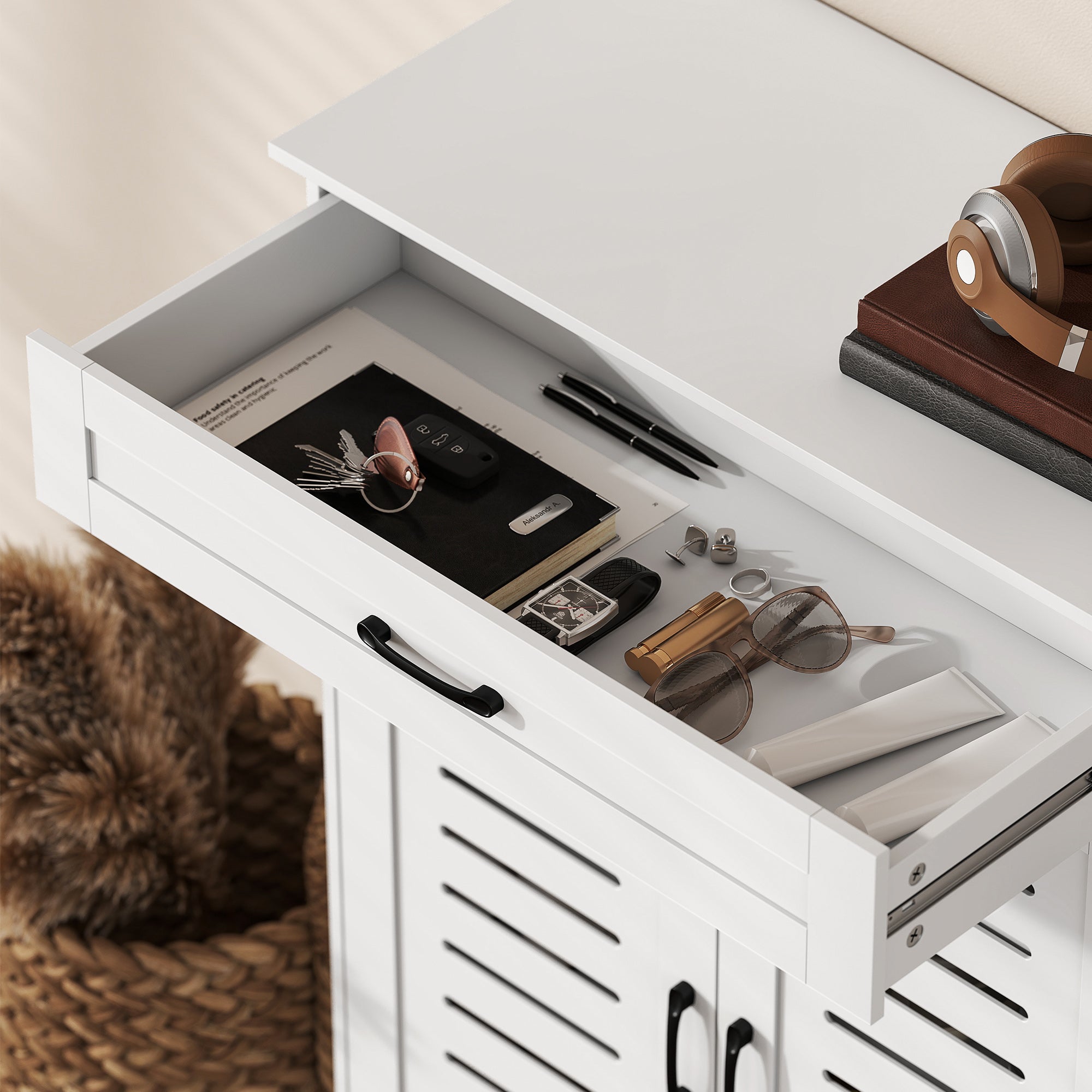 HOMCOM Shoe Cabinet with Louvered Doors, Modern Shoe Storage Cabinet with Drawer and Adjustable Shelves, White 