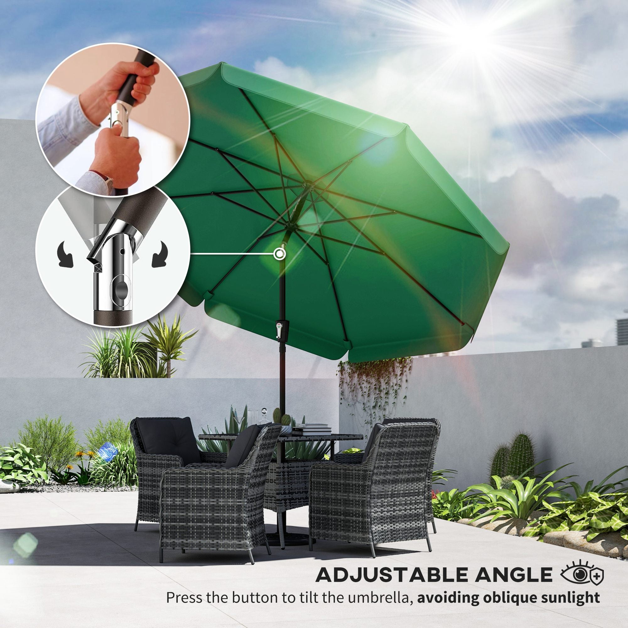 Outsunny 3 m Garden Parasol with Tilt Mechanism & Crank Handle, UPF 30+ Patio Umbrella Outdoor Table Umbrella, Green 