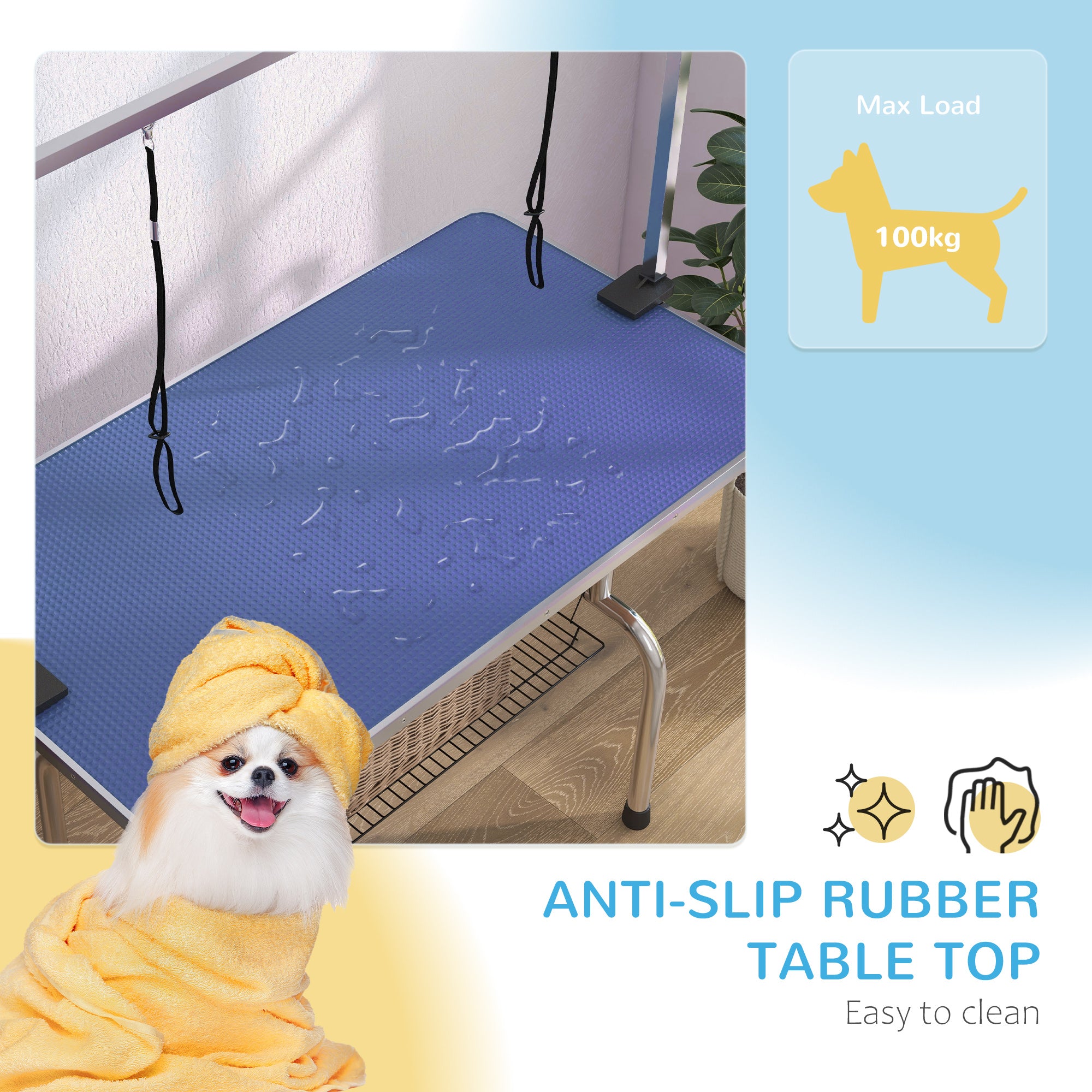 PawHut 42" Dog Grooming Table, Adjustable Pet Cat Drying Beauty Table with 2 Loops Storage Basket, Rubber Top, Blue 