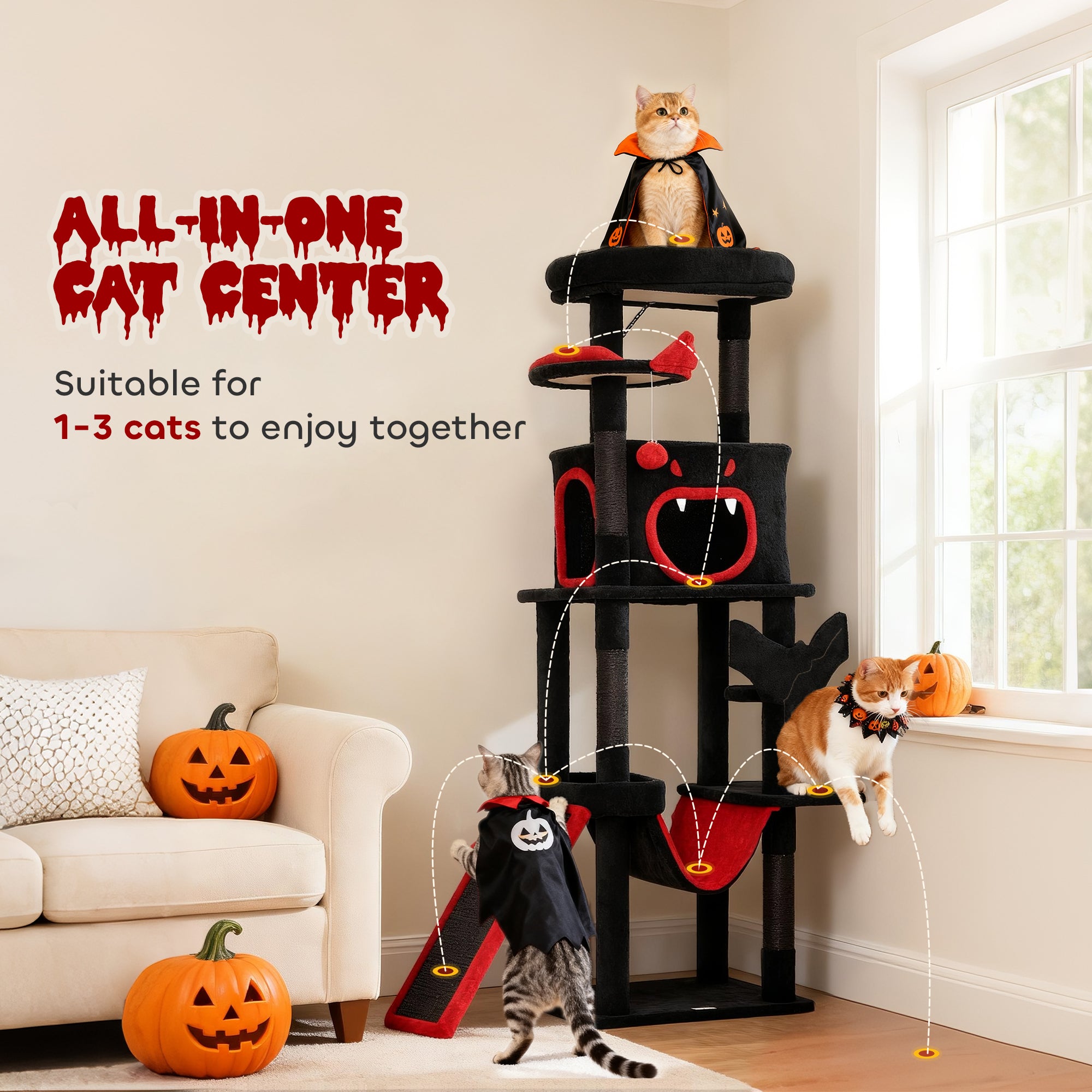 PawHut Gothic Cat Tree, 152 cm Multi-Level Cat Tower for Large Cats with Coffin Bed, Large Condo, for Halloween 