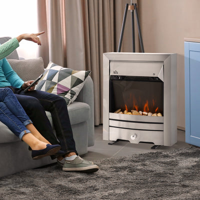 HOMCOM 2KW Stainless Steel Electric Fireplace Pebble Burning Effect Heater Fire Flame Indoor Stove LED Lighting 