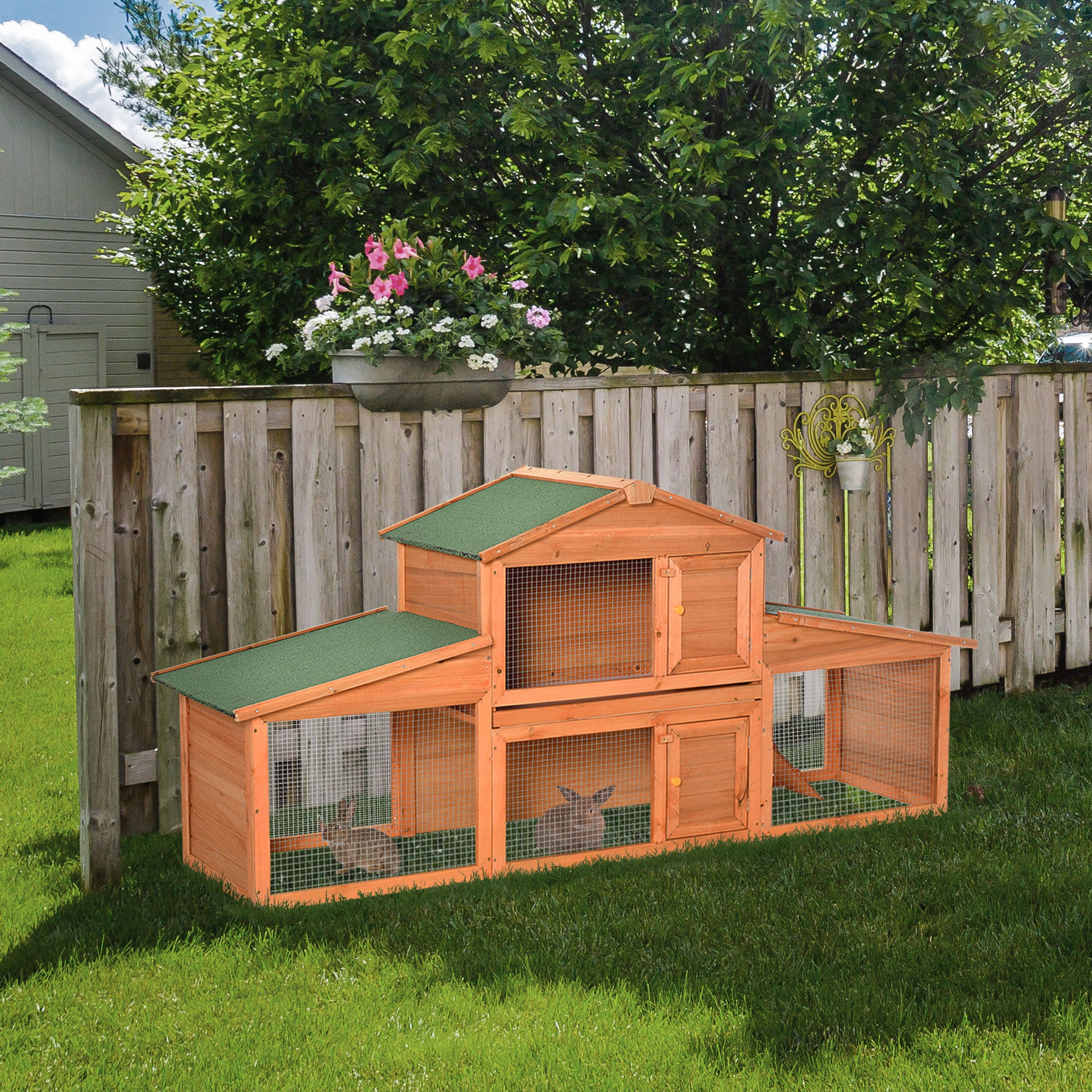 PawHut Large Rabbit Hutch Outdoor, Guinea Pig Hutch, Wooden Small Animal House, with Rabbit Run, 215 x 63 x 97 cm 