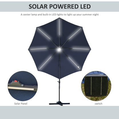 Outsunny 3(m) LED Cantilever Parasol Outdoor Sun Umbrella w/ Base Solar Lights Blue 