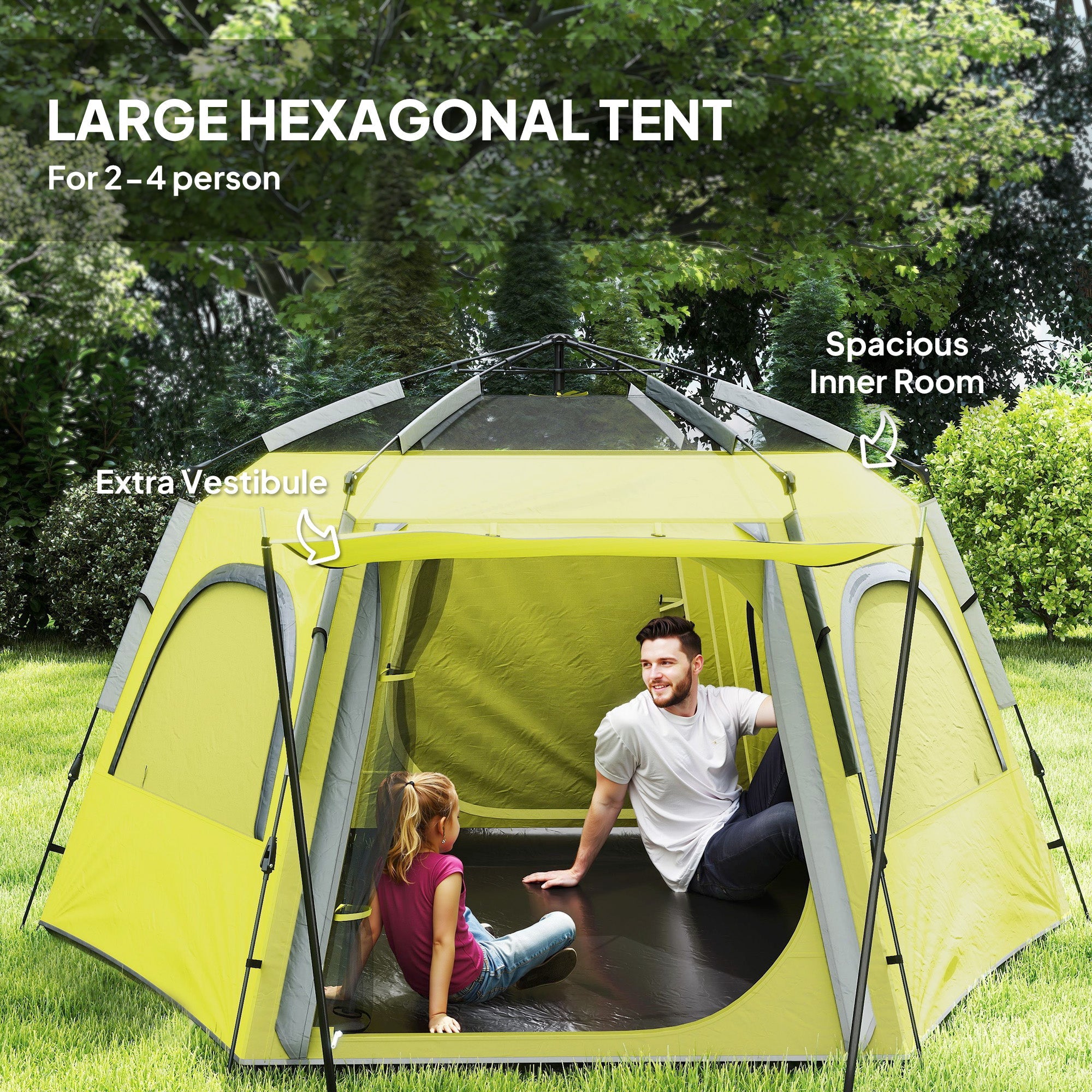 Outsunny Instant Camping Tent, 2/3/4 Person Easy Setup Family Tent with Vestibule, Rainfly, 4 Mesh Windows & 2 Doors, Hexagonal Design, Waterproof UV Protected Dome Tent, Yellow Green 