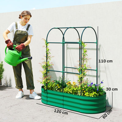 Outsunny Galvanised Raised Garden Bed with Arched Trellis, 4 x 2 x 4.6ft Metal Raised Bed for Garden with Open Bottom, Green 