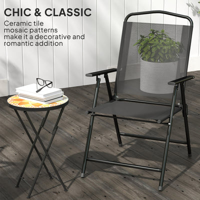 Outsunny Mosaic Outdoor Garden Table, 35.5cm Round Folding Coffee Table with Metal Frame for Balcony Terrace, Yellow 