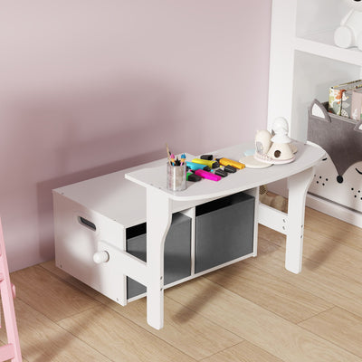AIYAPLAY 3 in 1 Kids Storage Bench, Convertible Children Table and Chair Set with 2 Fabric Bins, Toy Storage Box, White 