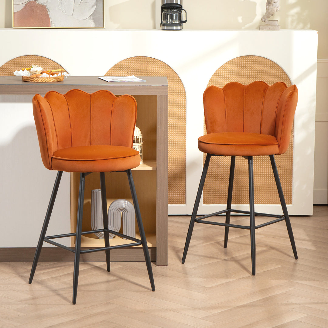 HOMCOM Set of Two Velvet-Feel Lotus Bar Stools - Orange 
