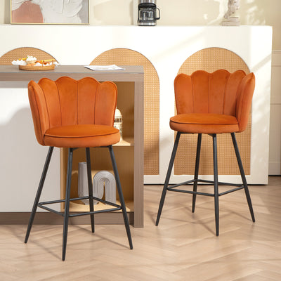 HOMCOM Set of Two Velvet-Feel Lotus Bar Stools - Orange 