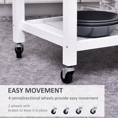 HOMCOM Kitchen Storage Trolley Cart Rolling Wheels Shelves Cupboard W/ Drawer And Towel Rail Rubber Wood Worktop White 