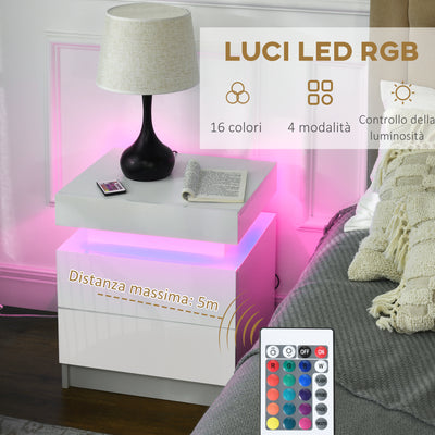 HOMCOM Set of 2 White Bedside Tables with LED Lights, High Gloss Front Nightstands with 4 Drawers 