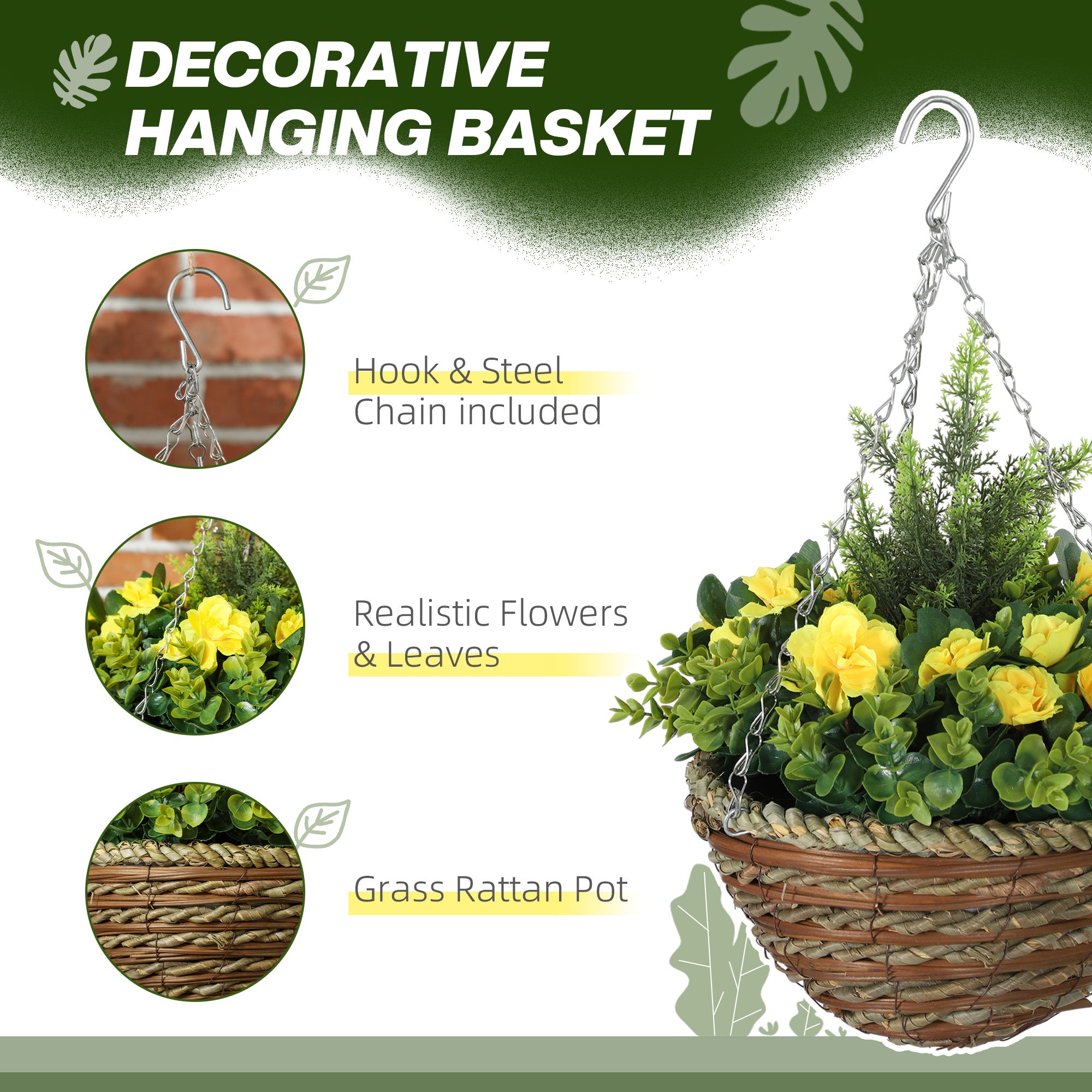 Outsunny Pack of 2 Faux Plant Artificial Lisianthus Flowers Hanging Planter with Basket for Indoor Outdoor Decoration, Yellow 