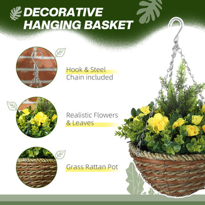 Outsunny Pack of 2 Faux Plant Artificial Lisianthus Flowers Hanging Planter with Basket for Indoor Outdoor Decoration, Yellow 