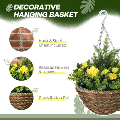 Outsunny Pack of 2 Faux Plant Artificial Lisianthus Flowers Hanging Planter with Basket for Indoor Outdoor Decoration, Yellow 