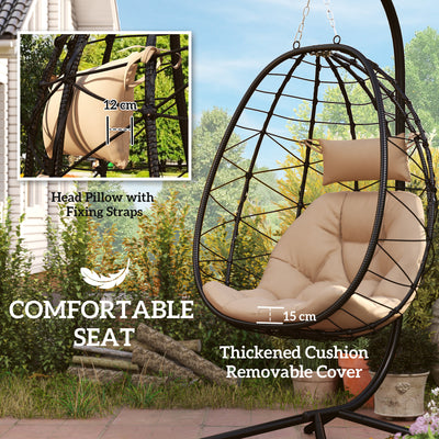 Outsunny Hanging Egg Chair Outdoor Indoor Garden Swing Chair with Folding Basket, Thickened Cushion, Garden Hanging Chair with Stand, Headrest for Patio, Balcony, Khaki 