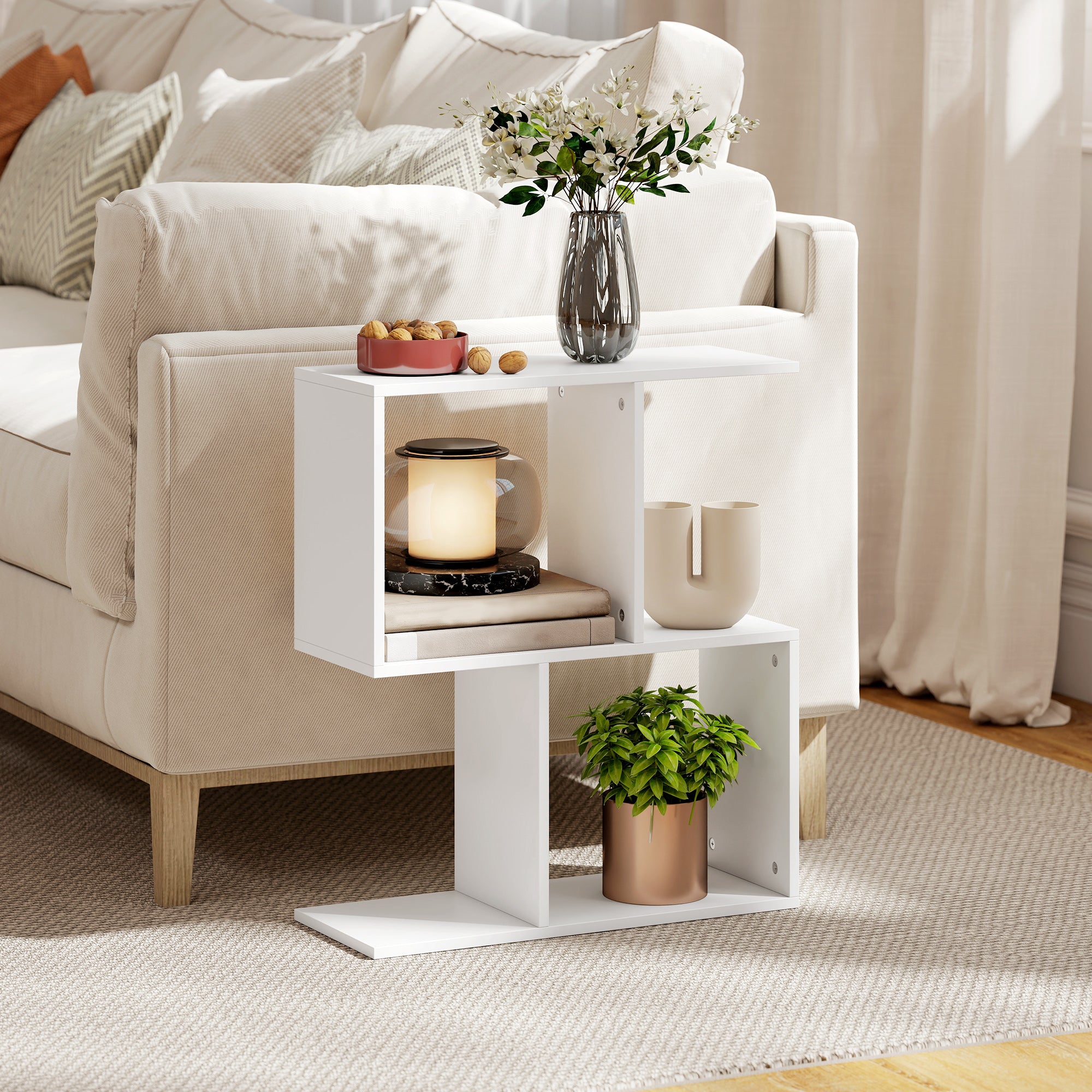 HOMCOM Side Table, Narrow End Table with Storage Shelves, S-Shaped, 3-Tier, 50W x 19.5D x 58H cm, White 