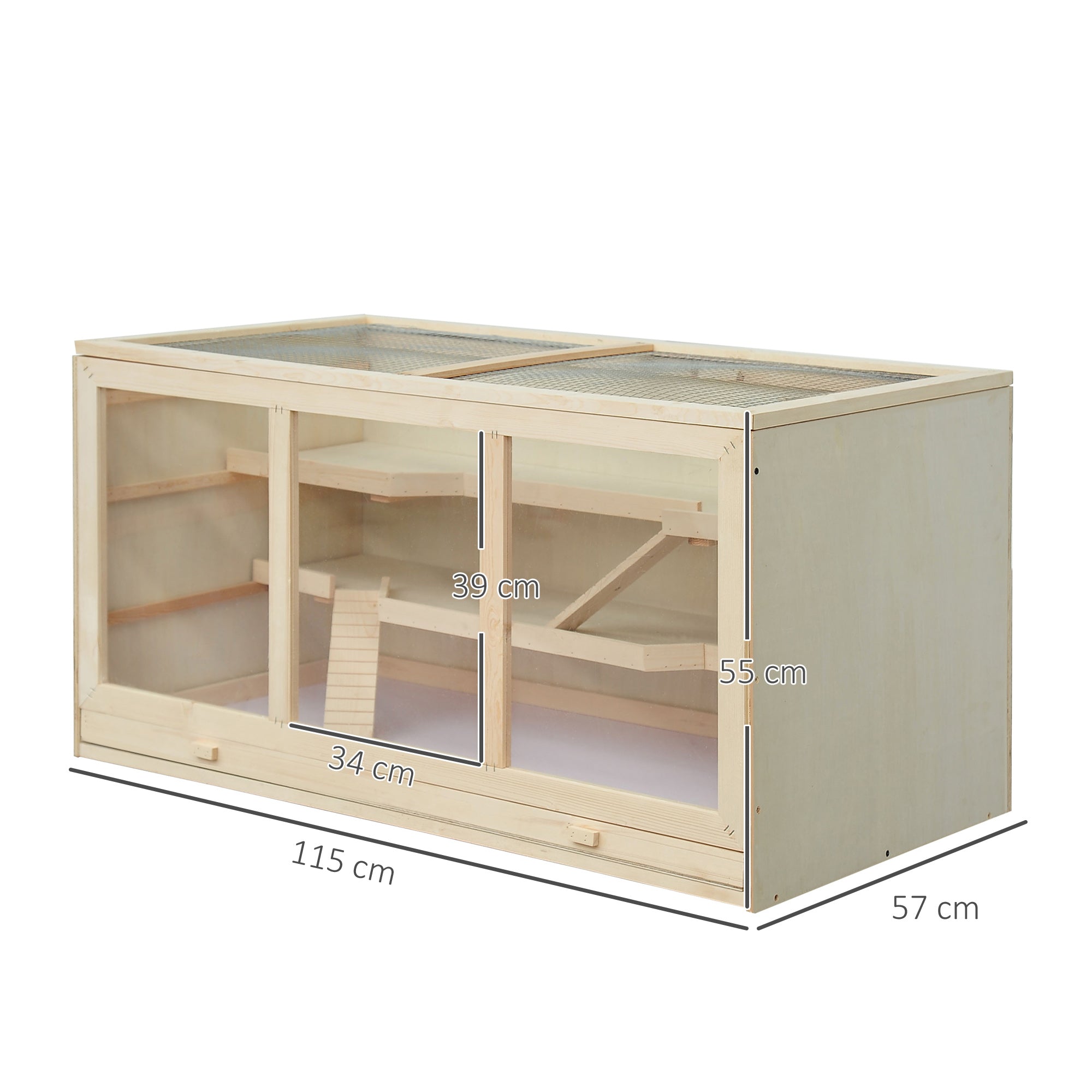 PawHut Wooden Hamster Cage, Small Animals Hutch with Tray, Openable Top, Exercise Play House Pen, 115L x 57W x 55Hcm, Natural 