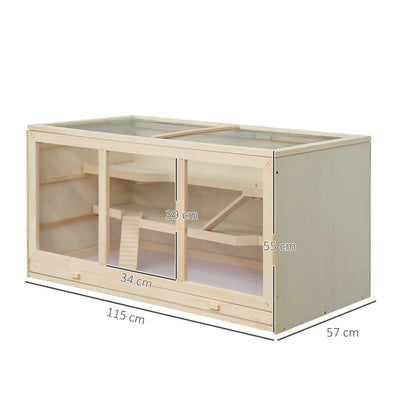 PawHut Wooden Hamster Cage, Small Animals Hutch with Tray, Openable Top, Exercise Play House Pen, 115L x 57W x 55Hcm, Natural 