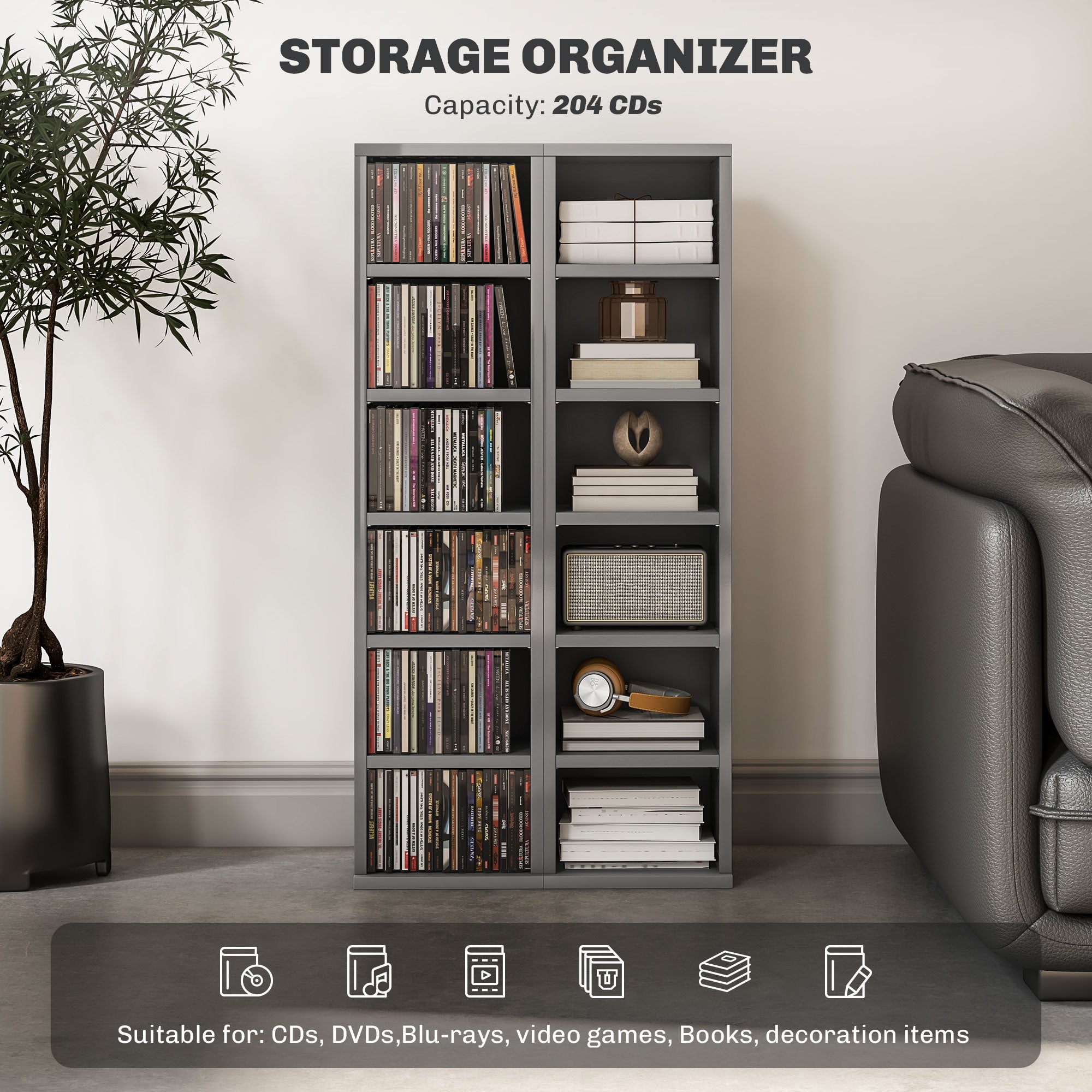 HOMCOM Set of 2 CD Media Display Shelf Unit Tower Rack with Adjustable Shelves, High Gloss Grey 