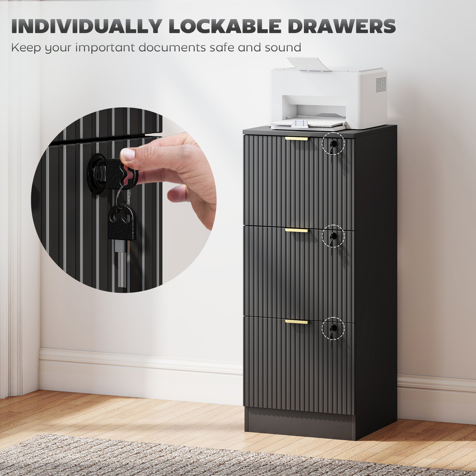 HOMCOM Filing Cabinet, Fluted Vertical File Cabinet with 3 Lockable Drawers and Hanging Rails, Black 