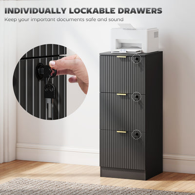 HOMCOM Filing Cabinet, Fluted Vertical File Cabinet with 3 Lockable Drawers and Hanging Rails, Black 