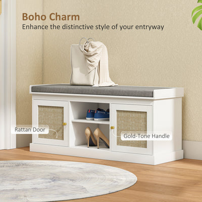 HOMCOM Boho Shoe Storage Bench with Padded Cushion and Rattan Doors - White 