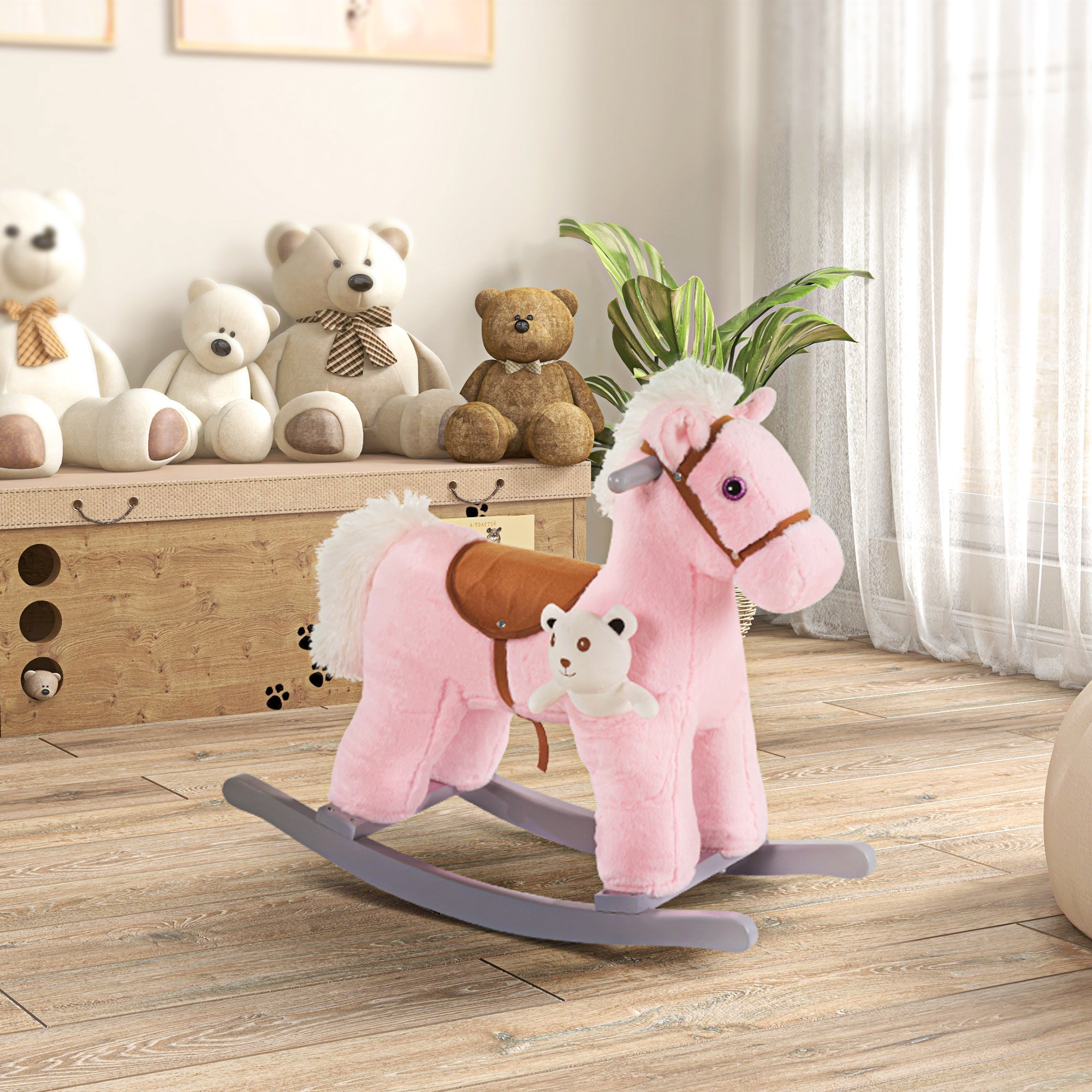 HOMCOM Kids Plush Ride-On Rocking Horse Toy Rocker with Plush Toy Realistic Sounds for Child 18-36 Months Pink 