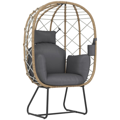 Outsunny Rattan Egg Chair Outdoor Indoor Wicker Chair with Thickened Cushion and Headrest, Standing Garden Egg Chair with Cup Holder, Metal Frame for Patio, Balcony, Brown 