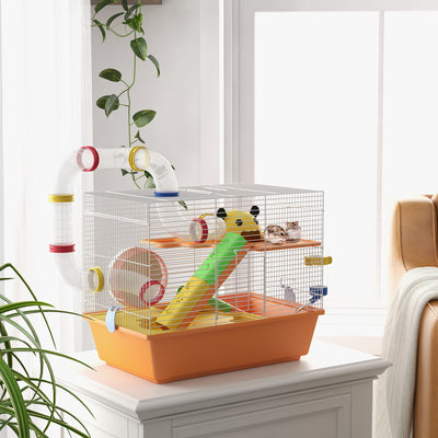 PawHut 3 Tiers Gerbil Cage, Hamster Cage with Tubes, Exercise Wheel, Ladder, Top Handle, 45 x 28 x 37cm - Orange 