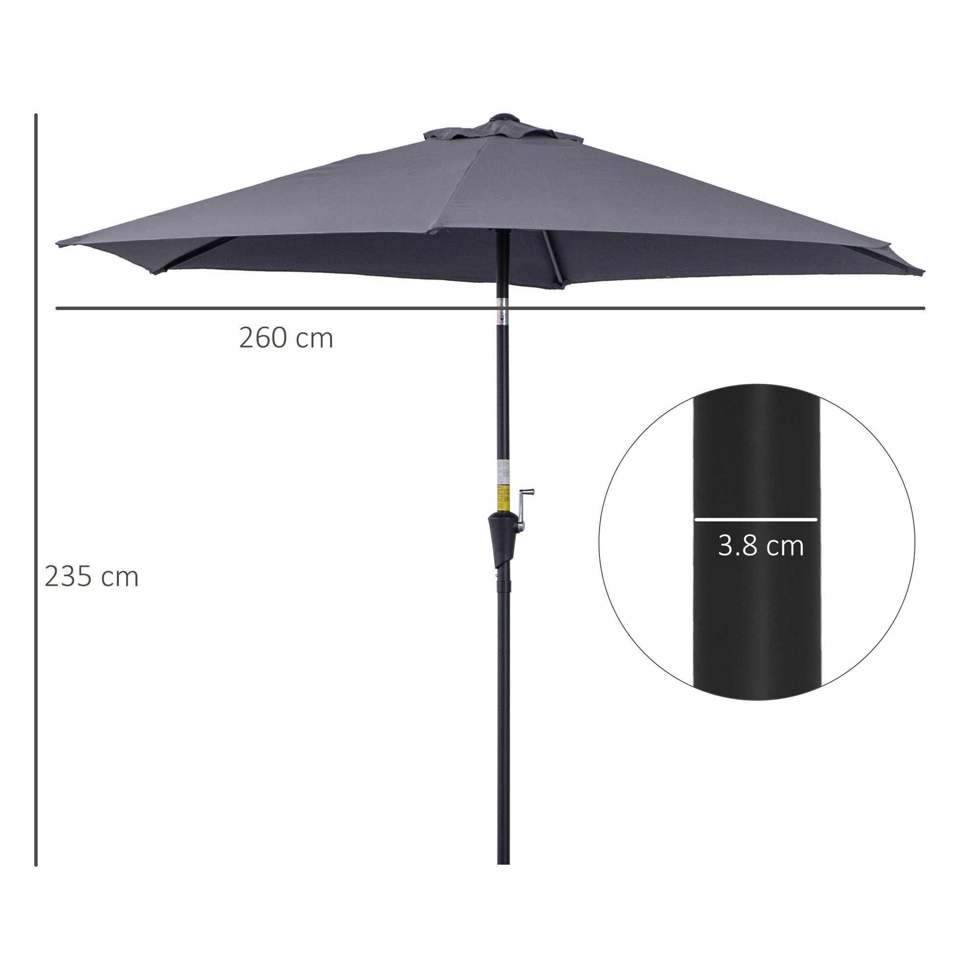 Outsunny 2.6M Garden Parasol Umbrella with Tilt and Crank, Outdoor Sun Parasol Sunshade Shelter with Aluminium Frame, Grey 