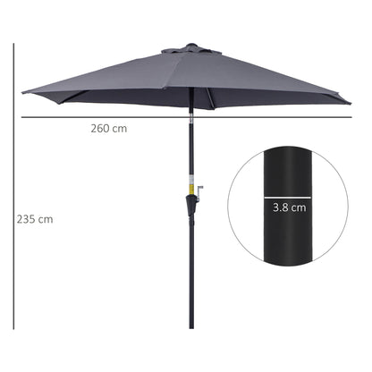 Outsunny 2.6M Garden Parasol Umbrella with Tilt and Crank, Outdoor Sun Parasol Sunshade Shelter with Aluminium Frame, Grey 