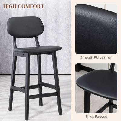 HOMCOM Set of Two Wooden Classic Bar Stools, with Faux Leather Seats - Black 