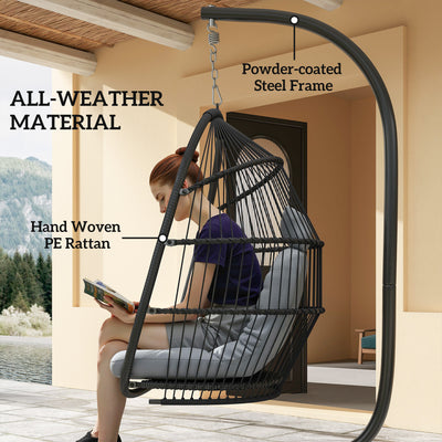 Outsunny Rattan Hanging Egg Chair with Stand, Foldable Wicker Swing Egg Chair with Cushion, Head Pillow, Steel Frame, Hammock Chair for Indoor Outdoor, Capacity 150 kg, Dark Grey 