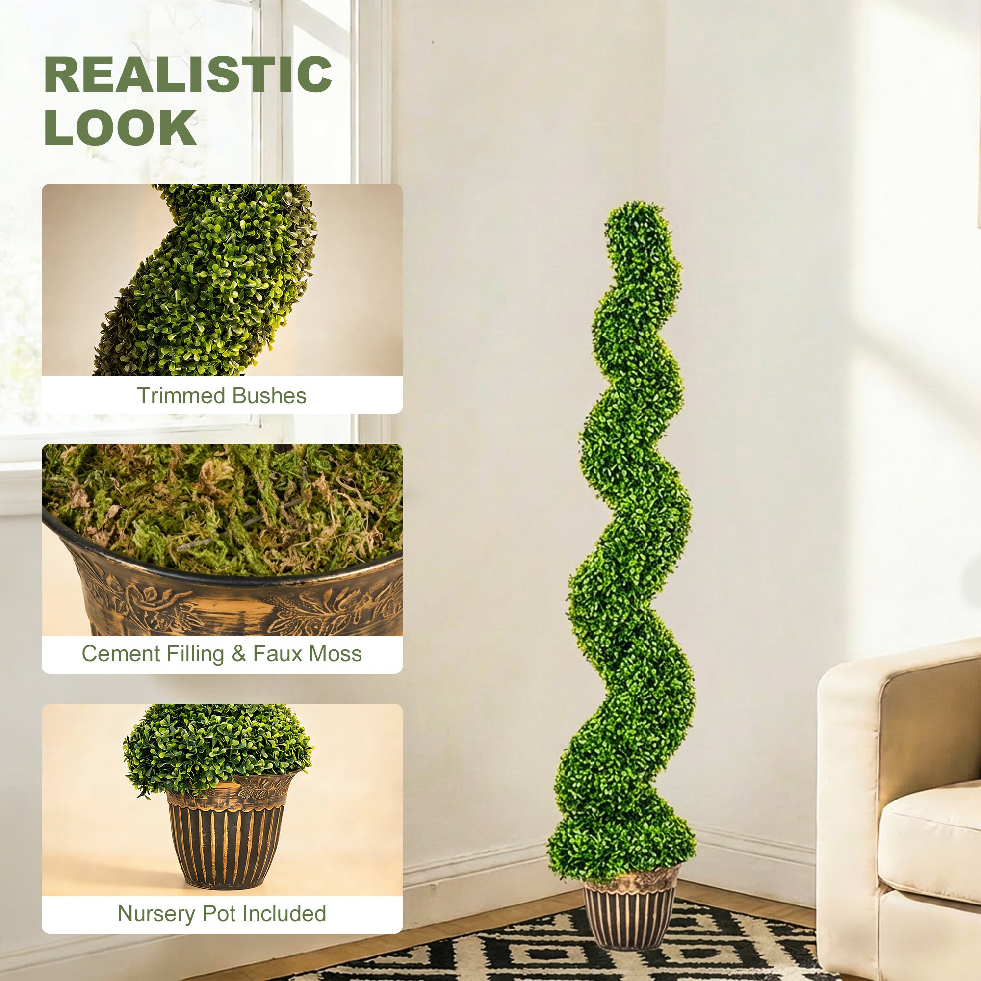 HOMCOM Set of 2 Artificial Plants, Topiary Spiral Boxwood Trees with Pot, for Home Indoor Outdoor Decor, 150cm 