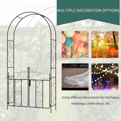 Outsunny Outdoor Garden Arch with Double Gates, Metal Garden Arbor for Climbing Plants, Roses, Vines, Wedding Arch for Outdoor, 125L x 38W x 227H cm, Black 