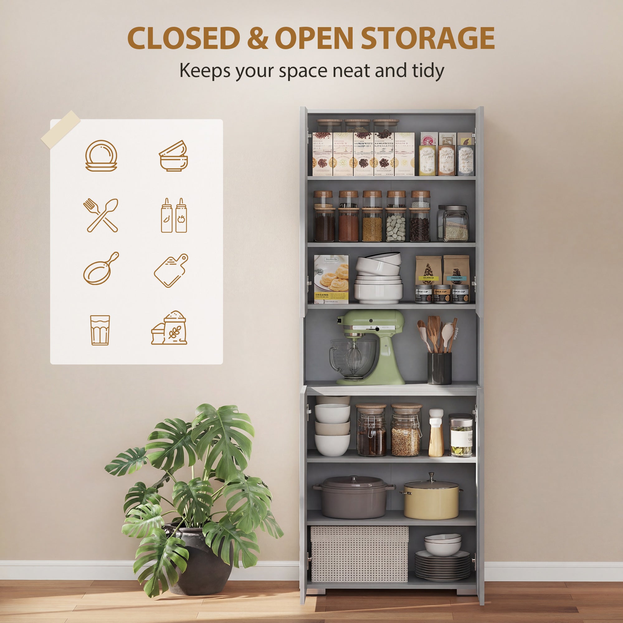 HOMCOM 180 cm Tall Kitchen Cupboard, Pantry Storage Cabinet with Soft Close Doors and Adjustable Shelves, High Gloss Grey 