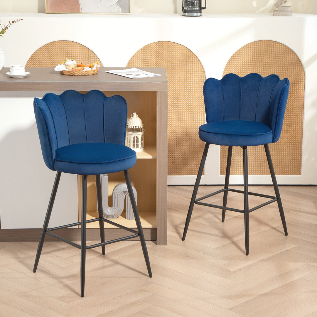 HOMCOM Set of Two Velvet-Feel Lotus Bar Stools - Dark Blue 