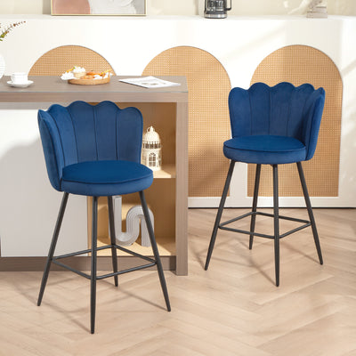 HOMCOM Set of Two Velvet-Feel Lotus Bar Stools - Dark Blue 