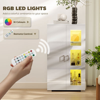 HOMCOM High Gloss Sideboard, Display Cabinet with 16-Colour RGB LED Lights and Remote Control, Modern Storage Cupboard with Glass Doors and Shelves for Living Room, Dining Room, Kitchen, White 