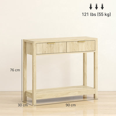 HOMCOM Modern Console Table with Fluted Panel Drawers, Narrow Hallway Table with Shelf for Entryway, Living Room, 90 x 30 x 76 cm, Natural Wood Finish 