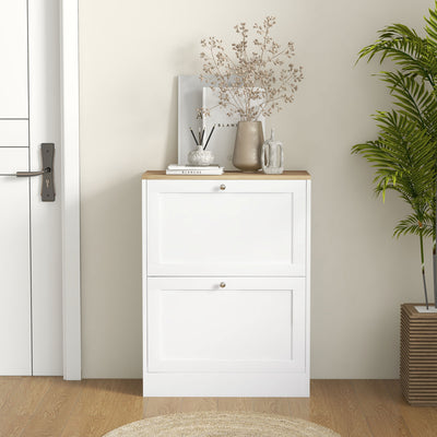 HOMCOM Narrow Shoe Cabinet with 2 Flip Drawers and Adjustable Shelves - White 