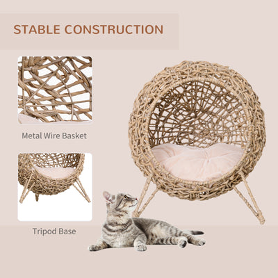PawHut Wicker Cat Bed, Ball-Shaped Rattan Elevated Cat Basket with Three Tripod Legs, Cushion - Natural Wood Finish 