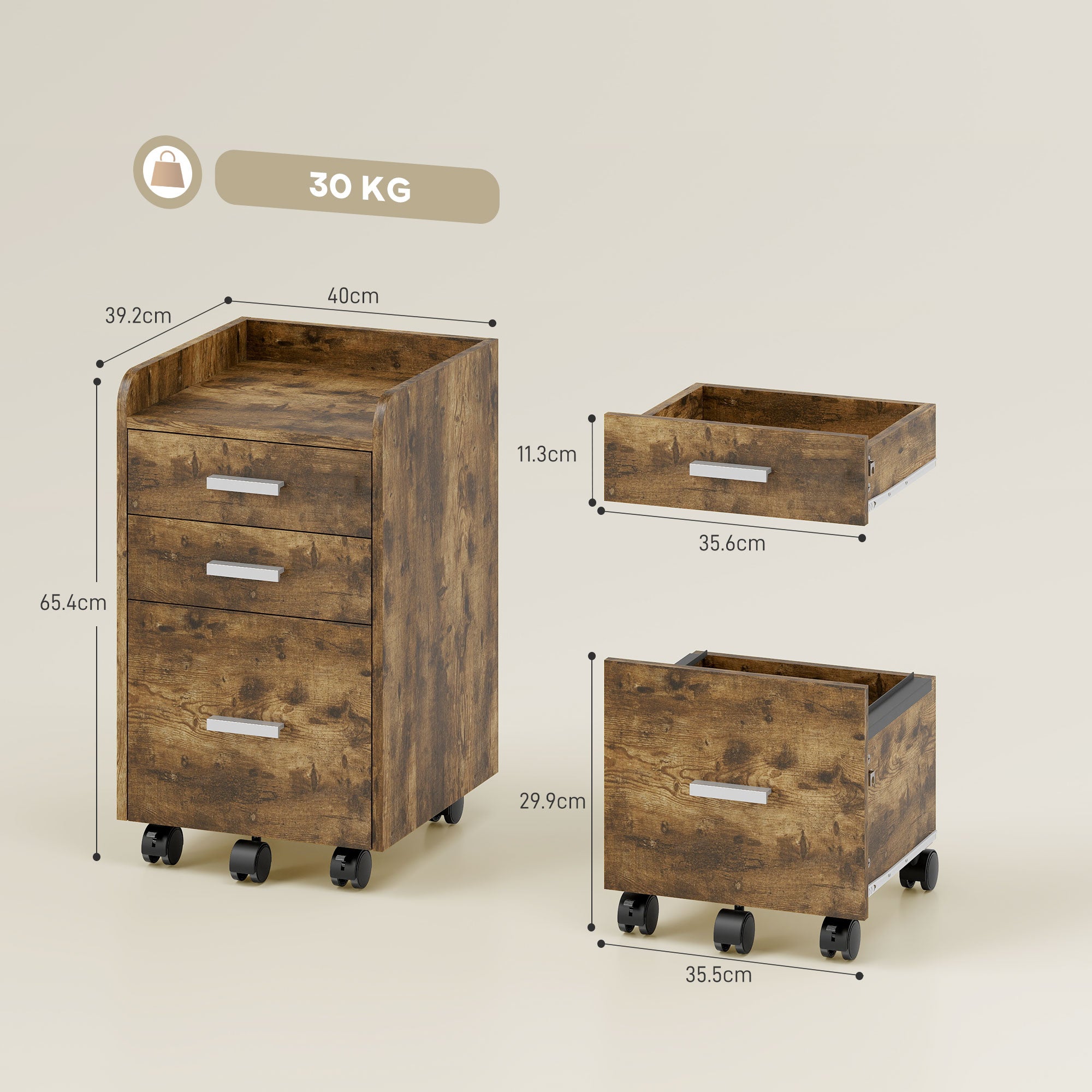 HOMCOM 3 Drawer Filing Cabinet, Rolling File Cabinet with Edged Top for Letter, A4 Size, Hanging File Folders, Rustic Brown 