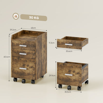 HOMCOM 3 Drawer Filing Cabinet, Rolling File Cabinet with Edged Top for Letter, A4 Size, Hanging File Folders, Rustic Brown 