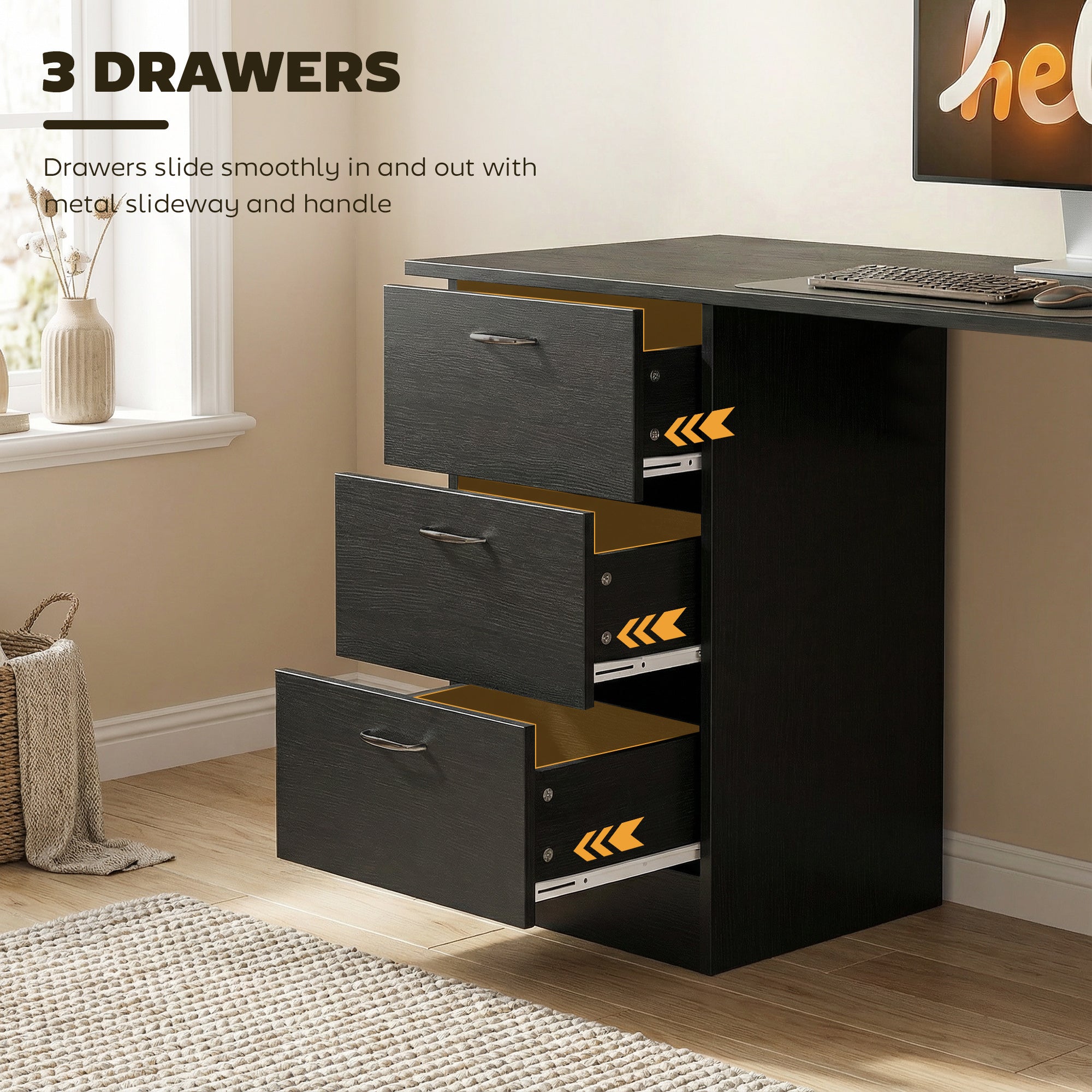 HOMCOM Computer Desk, Writing Table, PC Workstation with 3 Storage Shelves and Drawers, Handle, for Home Office, Black 