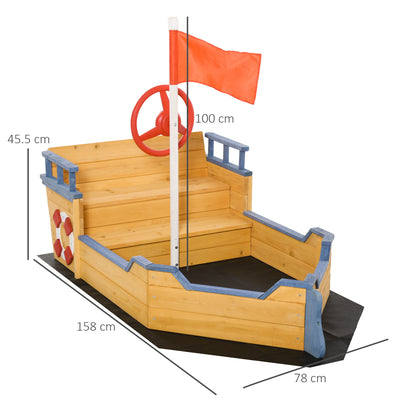 Outsunny Sand pit Kids Children Sandpit Wooden Pirate Ship Sandboat Outdoor Backyard Playset w/Bench Bottom Liner 